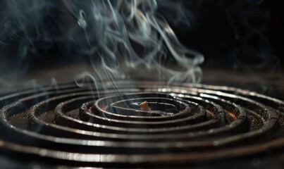Mosquito coil emitting smoke, mosquito repellent concept 4K hyperrealistic photo.
