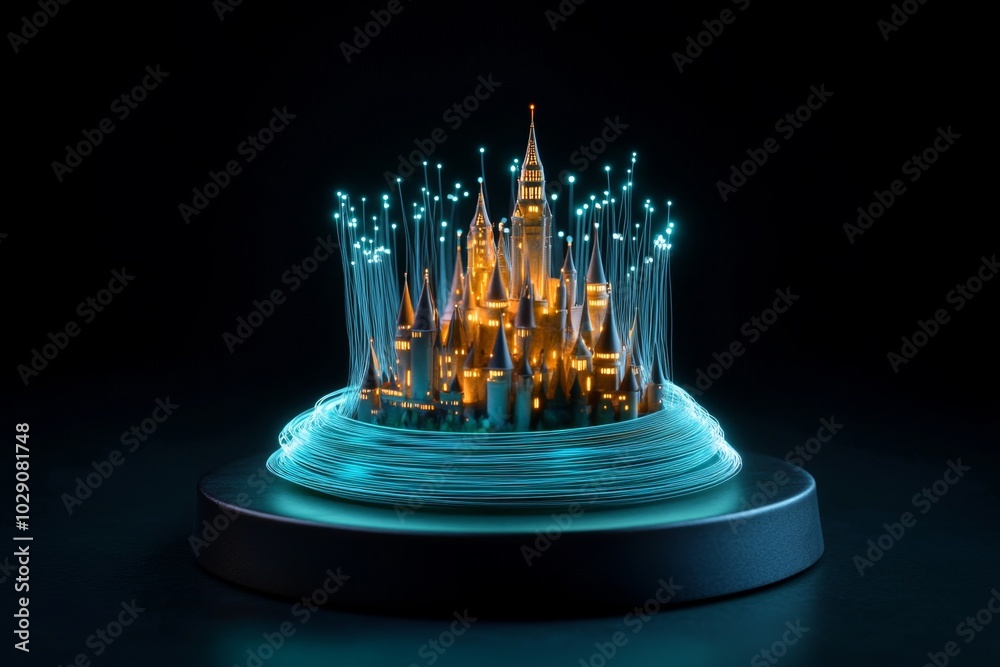 Poster fantasy castle with glowing fiber optic threads running through its walls, enabling magical media st