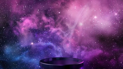 A black platform with a cosmic background of pink, blue, and purple nebulae, with a star-filled sky.
