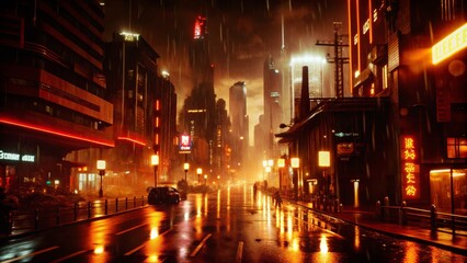 Futuristic city scene in a cyberpunk style, showcasing rain-soaked streets at night.