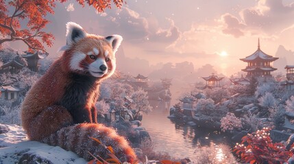 A red panda sits on a snowy mountainside overlooking a mystical Chinese village at sunset.