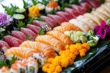 Exquisite Sushi Platter with Fresh Fish Cuts and Vibrant Garnishes for Culinary Delight