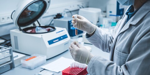  A close-up view of a centrifuge in motion inside a medical laboratory, with a technician preparing samples for testing. The lab features advanced equipment and neatly organized workstations.