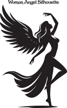 A woman angel silhouette stands gracefully, her flowing wings arched high, exuding serenity and strength. Her poised figure and gentle posture evoke a sense of divine beauty, peace, and ethereal grace