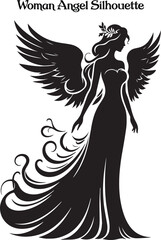 A woman angel silhouette stands gracefully, her flowing wings arched high, exuding serenity and strength. Her poised figure and gentle posture evoke a sense of divine beauty, peace, and ethereal grace