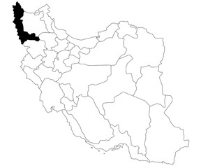 Map of west Azerbaijan province in Iran country on white background. Single province map highlighted by black colour on Iran map. Middle East, ir