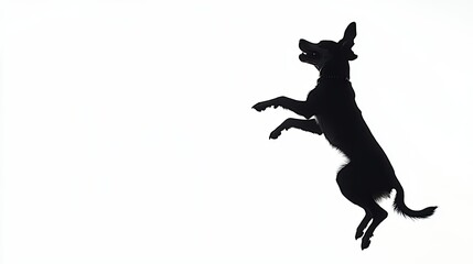 A black silhouette of a dog jumping in the air with its mouth open, against a white background.