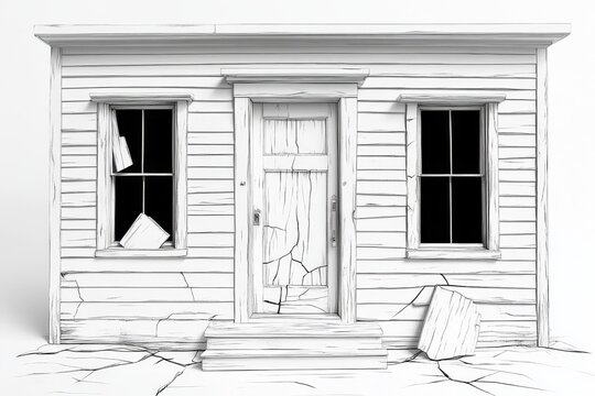 Minimalist depiction of an old building facade, focusing on the cracked paint and worn wood, reduced to clean, bold lines to emphasize the passage of time