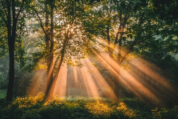 Fototapeta premium Sunlight streaming through trees in a forest with fog