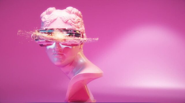 A close-up of the futuristic VR headset on a sculpture head, with holographic projections displaying data and visuals, against a pink background. 