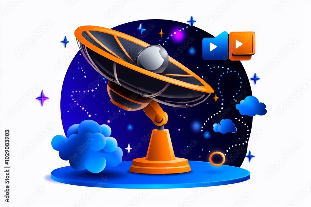 Poster Minimalist icon of a satellite dish, with a clean design representing the connection between broadcasting and modern streaming services