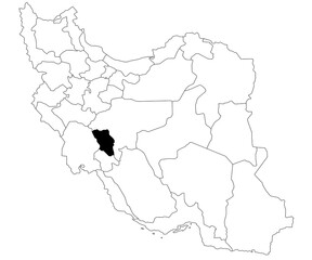 Map of chaharmahal and bakhtiari province in Iran country on white background. Single province map highlighted by black colour on Iran map. Middle East, ir