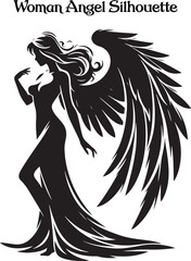 A woman angel silhouette stands gracefully, her flowing wings arched high, exuding serenity and strength. Her poised figure and gentle posture evoke a sense of divine beauty, peace, and ethereal grace