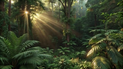 Obraz premium Ethereal sunlight pierces through the dense canopy of a lush rainforest.