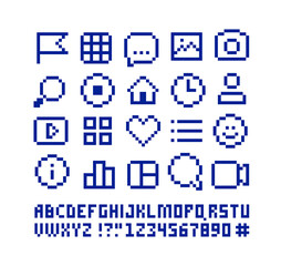 Pixel art User interface icons in 90s Retro video game style.  App icons set of: menu browser, search, social media icons. Editable pixel vector isolated on white