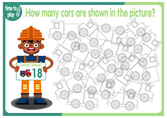 
Count how many cars are hidden in the picture. How many objects are there in the picture? Educational game for children. Colorful cartoon characters. Funny vector illustration