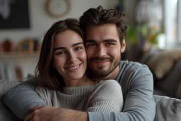 Fototapeta premium Happy Young Couple Relaxing on Couch in Modern Cozy Living Room, Embracing Love and Fun
