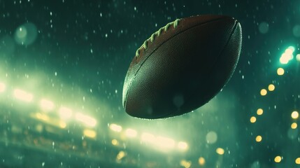 A football spinning rapidly, punted far downfield, silhouetted against the stadium lights, showcasing the excitement of American football