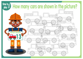 
Count how many cars are hidden in the picture. How many objects are there in the picture? Educational game for children. Colorful cartoon characters. Funny vector illustration