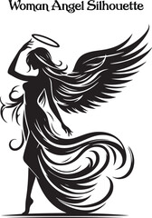 A woman angel silhouette stands gracefully, her flowing wings arched high, exuding serenity and strength. Her poised figure and gentle posture evoke a sense of divine beauty, peace, and ethereal grace