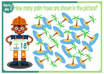 Count how many palm trees are hidden in the picture. How many objects are there in the picture? Educational game for children. Colorful cartoon characters. Funny vector illustration