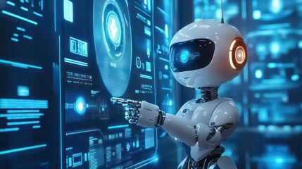 A humanoid robot with a white and gray body interacts with a large digital screen. The robot has a blue eye and an orange light behind it. The screen is filled with blue glowing data and graphs.