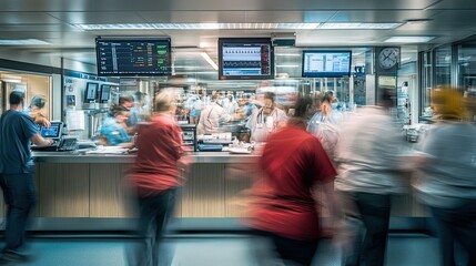 Busy hospital reception area with blurred motion of medical staff and patients.