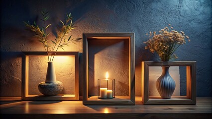 Night Photography of Wooden Frames and Vases on a Shelf - Aesthetic Home Decor
