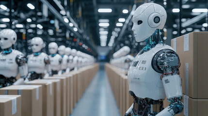 Fototapeta premium Automated robots stand in warehouse, showcasing advanced technology and efficiency in logistics. Their design reflects blend of functionality and modern aesthetics, emphasizing future of automation