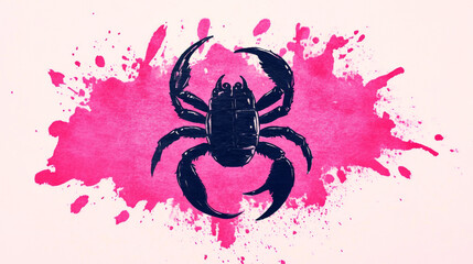 A black scorpion silhouette on a pink watercolor splatter background.
