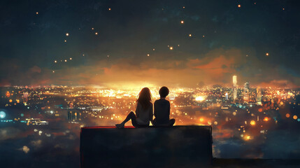 A anime loving lofi couple at night with rain & moon light.