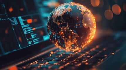 A glowing digital Earth globe hovers over a laptop keyboard with a blurred code background.