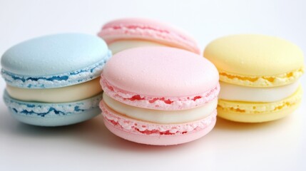 Fototapeta premium Easter macarons in pastel shades of pink, yellow, and blue, arranged beautifully on a white background