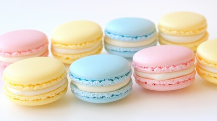 Obraz premium Easter macarons in pastel shades of pink, yellow, and blue, arranged beautifully on a white background