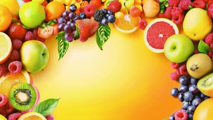 A vibrant arrangement of various fruits with a gradient background. - Powered by Adobe