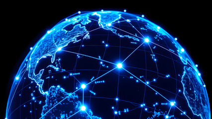 Obraz premium Digital world map with bright connecting points and lines, Generative AI