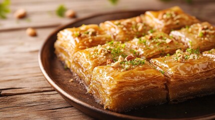 Freshly baked baklava with syrup and chopped nuts sprinkled on top
