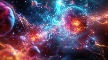 A vibrant illustration of cosmic particles interconnected in a vast, colorful space, showcasing the beauty of the universe at a molecular level.