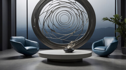 Fototapeta premium Modern living room design with circular sculpture and two blue chairs in a gray-toned setting.