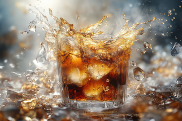 A glass of dark beverage splashes with ice, creating an energetic and vibrant visual display.