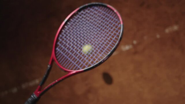Close-up slow-motion footage of a tennis racket hitting a yellow tennis ball on a clay court. Concept of sports action, training, exercise, practice