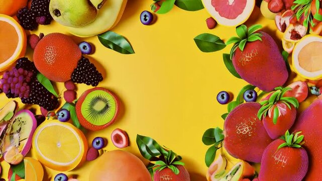 A vibrant arrangement of fruits on a yellow background, creating a colorful border.