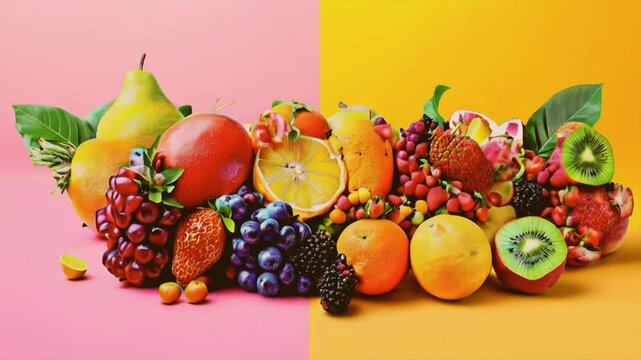 A vibrant display of assorted fruits against a colorful background.