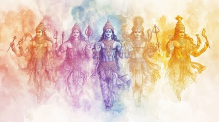 A mystical watercolor of Lord Vishnu Dashavatara, with each avatar illustrated in soft, flowing colors, seamlessly blending into one another