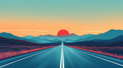 Fototapeta premium A long straight road leads towards a red sun setting behind the mountains.