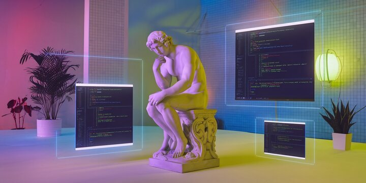 A statue of a classical philosopher, reminiscent of ancient Greek or Roman art, is set against a modern office backdrop with multiple computer screens displaying colorful code.