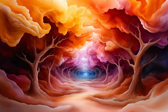 Watercolor depiction of a dreamlike forest, where trees and paths fade into soft, abstract shapes, illustrating the fluid and subjective nature of perception