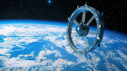 A futuristic space station orbits Earth, showcasing advanced technology against a backdrop of clouds and stars in the vast universe.