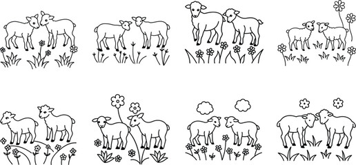 Cute Sheep Pairs in Meadow with Flowers