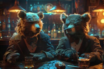 Two Bears in Suits and Bow Ties Having Fun Talking at Old Club Bar, Cinematic Lighting